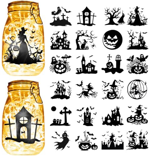 CREATCABIN 24Stück Halloween Silhouetten Aufkleber Für Einmachgläser Dekor PVC Glas Ausschnitt Aufkleber Laternenglas Scrapbook Silhouette Ornamente Selbstklebend Für Leichte Hängelampe Schwarz 10x9cm