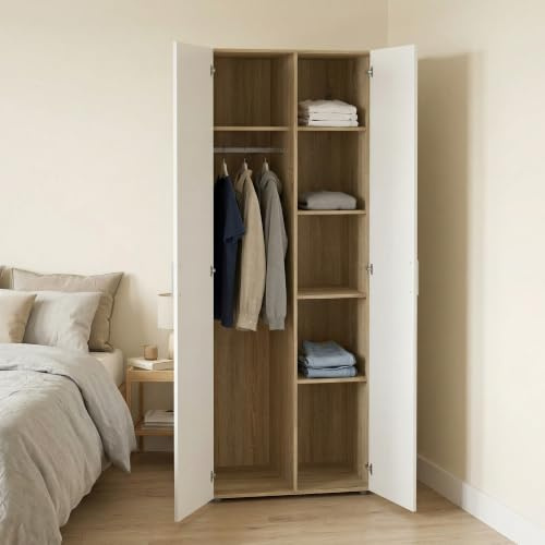 Dmora - Kleiderschrank 2 Türen Coralie, Schlafzimmermöbel, Schrank, Garderobe, 79x50 h201 cm, Eiche und Weiß