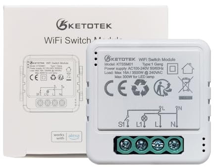 KETOTEK Interruptor Inteligente WiFi 16A Compatible con Alexa/Google Assistant, Modulo Interruptor Luz WiFi 1 Gang 1 Vía/2 Vías Controllo delle Smart Life/Tuya App, Cable Neutro Requerido