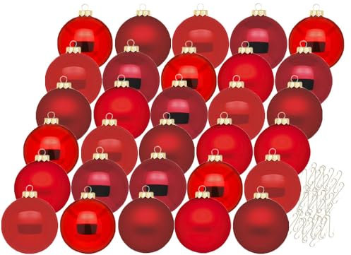 Inge Glas Weihnachtskugeln mit Haken | Schöne Christbaumkugeln aus Glas | Set 30 Kugeln und 40 Aufhänger | Christbaumschmuck Weihnachtsbaumkugeln (Ruby Red | rot)