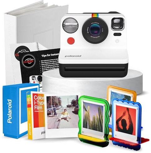 Instant Print Camera Bundle with Polaroid Now Gen 2 Instant Camera, Polaroid Colour i-Type Film, Polaroid Photo Holder, Polaroid Photo Album & Acrylic Photo Frames (Black & White)
