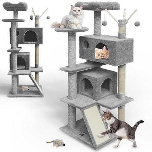 zooprinz Premium Kratzbaum – Großer XXL Kletterturm für kleine & große Katzen - Breiter Kratzbaum mit dicken Sisal Säulen, Höhle, Hängematte, Bällen & Seil – Mit Plüschmaus - Katzenbaum (Hell Grau)