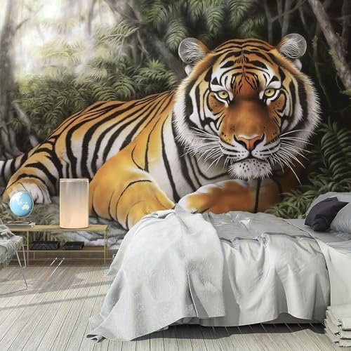 Fototapete Tiger PVC Tapeten Moderne Wandtapete Wohnzimmer Schlafzimmer Dschungeltiger Tapeten Wohnzimmer Jugendzimmer Wanddeko Wandtattoo selbstklebende 380x280cm