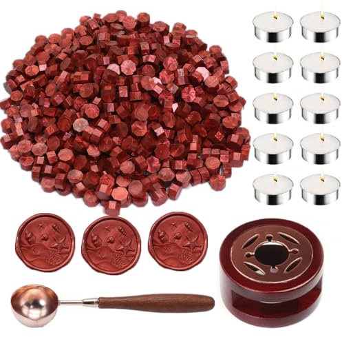 Wax Sealing Beads kit, Atopbb 300pcs Pearl White Wax Seal Beads, 1pcs Wooden WaxSeal Warmer, 1pcs Melted Spoon and 10pcs Tea Candles for WaxSealing Stamp Kit (Wine Red)
