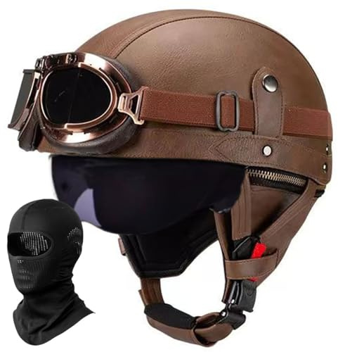 Deutscher Leder-Motorrad Halbhelm Vintage Halbmasken-Helm Erwachsene Männer Frauen Leichter Retro-Helm mit Offenem Gesicht für Moped Fahrrad Cruiser Scooter Chopper, ECE-geprüft