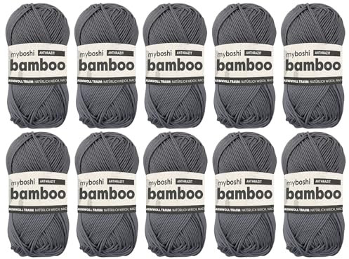 myboshi Bamboo, natürlich weiches Bambus-Baumwollgarn, zum Häkeln und Stricken, strapazierfähig, 50g, 125m, Grau (Anthrazit), 10 Knäuel