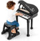 31 Keys Kids Piano and Stool Set, Kids Electronic Keyboard with Microphone, LED Teaching Mode and Record Playback, Toddlers Musical Instrument for Boys Girls 3+ Years Old (Dark)