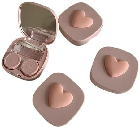 YZWHKJ Contact Lens Cases,Contact Lenses Holder Box 4PCS Women Lovely Eyes Contact Lens Container Box Bag Travel Kit Girl Cute Heart Contact Lens Case Box With Mirror(Pink)