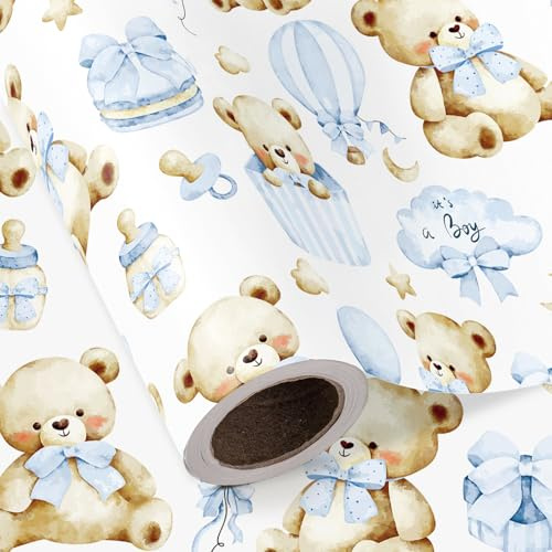 RUSPEPA Bär-Babyparty-Geschenkpapierrolle – Mini-Rolle – 43,2 cm x 5 m – Teddybär-Geschenkpapier für Jungen, perfekt für Jungengeburtstage und als Geschenkpapier für Neugeborene