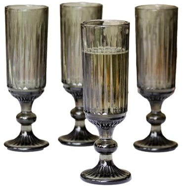 Darthome Set of 4 Ridged Glass Champagne Flutes Stemmed Embossed Prosecco Rose Glasses (Green)