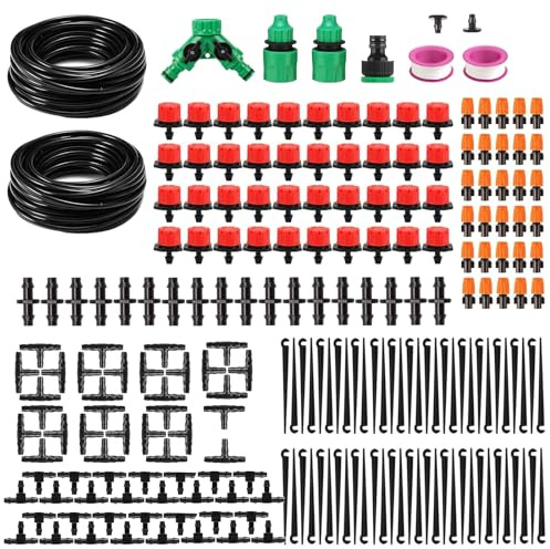 HUAZIZ Sistema di irrigazione da giardino, kit di irrigazione da giardino, 2 x 20 m, 220 pezzi, per irrigazione a goccia, per paesaggio, serra, terrazza