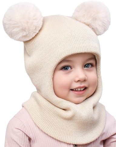 Maeau Mütze Winter Beanie für Kinder Mädchen Jungen 6 Monate-10 Jahre Baby Wintermütze Schlupfmütze Gestrickt mit 2 Bommel Kleinkind 2 in 1 Sturmhaube und Loop Schal Schalmütze Strickmütze Herbst