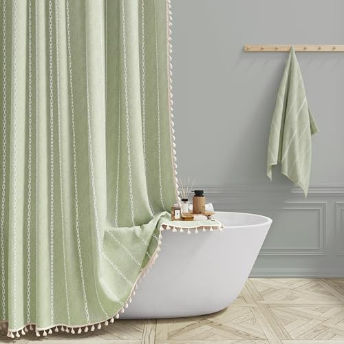 BTTN Extra Long Farmhouse Striped Shower Curtain, 183x217cm, Sage Green