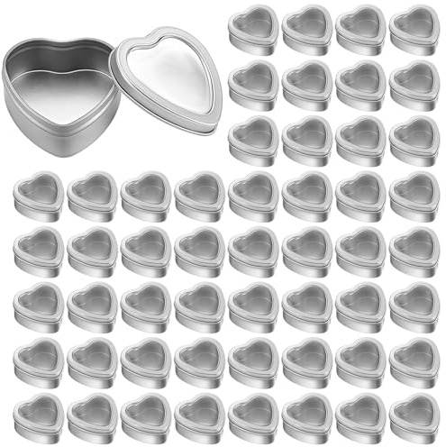 INTERWARM 60 Pack 2oz Metal Tins, Heart Shaped Empty Tin Box with Lids Small Candle Tins with Clear Window Lids Candle Jars Gift Storage Container Cans for Valentine's Day Wedding Party DIY Crafts