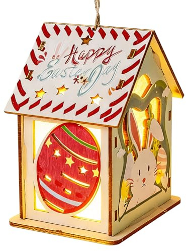 Kertaym LED Osterdeko zum Aufhängen, Holzanhänger Ostern, Holzhaus mit Hase & Eiern, Frohe Ostern anhänger, Frühlingsdeko Hängend für Fenster & Kinderzimmer (B)