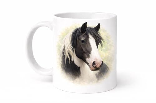 Brew Crew Gifts Piebald Cob Portrait Ceramic Mug, Watercolour Horse Design, White Gloss, 11oz