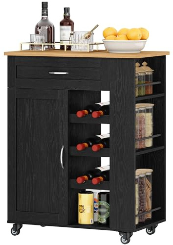 Hzuaneri Servierwagen, Küchenwagen Mit Rädern, 68 × 86 × 40 cm, Schwarz | Weinregal, Kücheninsel, Kochinsel, Küchenregal Stehend Möbel, Rollwagen, Für Küche, Wohnzimmer Und Esszimmer, ST03004B