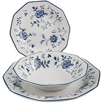 Churchill Roses Bleu Service Table, Earthware, Blanc/Bleu, 18 unités