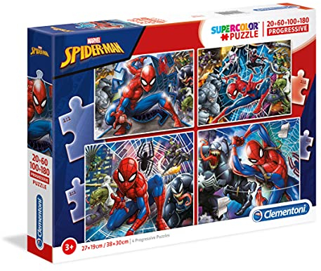 Clementoni 21410 Progressive Puzzle Spiderman – Puzzle 20 + 60 + 100 + 180 Teile ab 3 Jahren, Bunte Kinderpuzzle mit zunehmendem Schwierigkeitsgrad, Denkspiel für Kinder