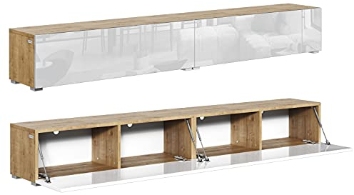 PLATAN ROOM Fernsehschrank TV-Lowboard 105/140 / 160/210 / 280 In Eiche Weiß Hängend Oder Stehend Hochglanz Matt (210 x 30 x 32, Eiche Gold/Weiß Hochglanz)