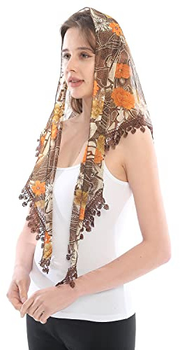 LMVERNA Bunter Blumen-Dreieck-Spitzenschal Mantilla-Schleier Leichter Quastenschal, modische florale Schals und Tücher für Damen (Blume-Kaffee)