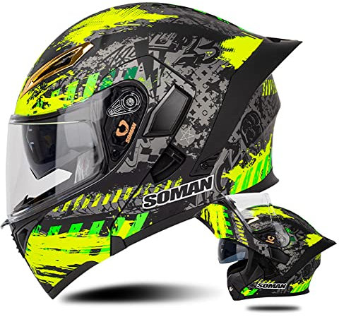 Motorrad Integralhelm Moped Modularer Helm mit Doppelscheibe DOT Roller Motorradhelme Pendlerhelm Klapphelm für Männer & Frauen (Schwarz-gelbes Graffiti) (61~62cm XL)