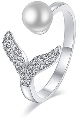 LVVY Silber Farbe Perlen Ocean Whale Fish Tail Animal Öffnung Verstellbarer Ring Geburtstagsgeschenk Weihnachtsfeier Schmuck