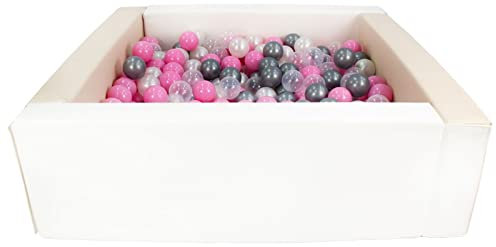 Piscina Infantil para niños de Bolas Pelotas 300 Piezas Cuadrado ecocuero (Color de la Piscina/de Las Bolas: Blanco, Capuccino/Perla, Transparente, Rosa Claro, Plateado)