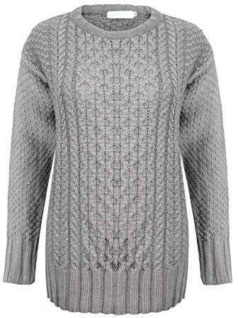New Ladies Women Knitted Cable Knit Warm Chunky Sweater Formal Everyday Casual Long Sleeves Jumper Pullover Crew Neck Top[Grey,16-18]