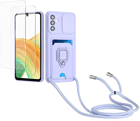 Kaslly Case für Samsung Galaxy A54 5G Handykette Hülle+[2 Schutzfolie Glas],Slide kameraschutz,Silikon Handyhülle zum Umhängen Kette,Kartenfach-Violett