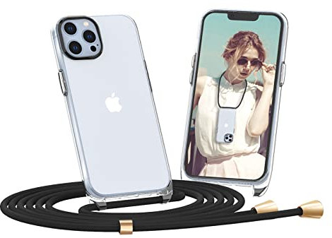 Dniodio Matte Handykette Hülle für iPhone 13 Pro Max Hülle mit Band Silikon Necklace(abnehmbar) Transparent Hülle mit Kordel zum Umhängen TPU Handy Schutzhülle(Schwarz)