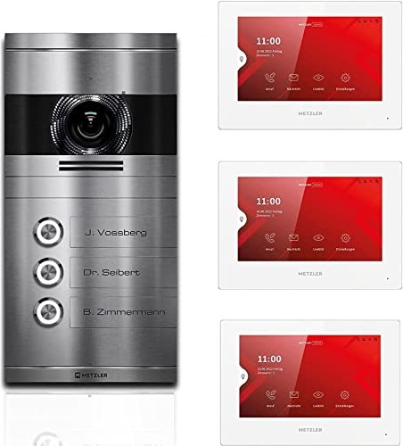 Metzler Video Türsprechanlage 3 Familienhaus | Türklingel mit Kamera FullHD | Opt. 7 Monitor | Smartphone App | Mit Anschluss für Türöffner | Anschluss: 2-Draht IP | V2A Edelstahl | VDM10 2.0 Colson