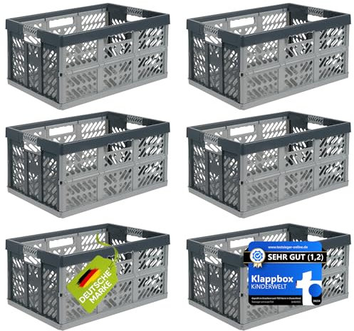 6 x Robuste Profi - Klappbox 45 L bis 50 kg - Faltbox, Kiste, Korb zur Aufbewahrung, Transport - silber/grau