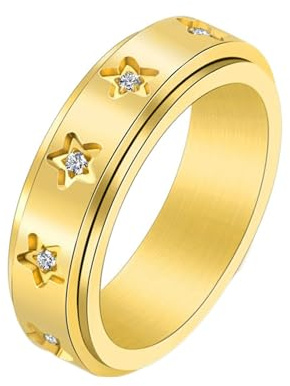 Mesnt Hochzeit Ringe, 6MM Fashion Spinner Ring mit ausgehöhltem Stern mit Zirkonia aus Edelstahl für Damen Gold, Größe 62 (19.7)