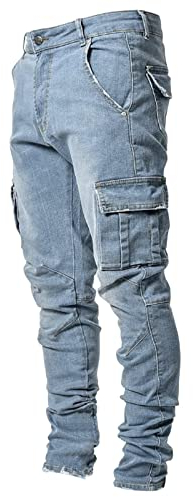ARTRAY Men's Distressed Biker Skinny Jeans Man's Ripped Stretch Slim Fit Denim Pants with Multi-Pockets Classic Designer Sports Cargo Trousers Hiking Climbing Shorts Camping Fishing Hiking