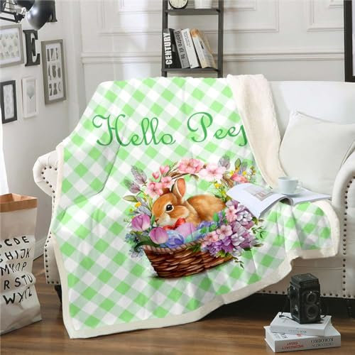 Nette Bunny Wurf Decke Baby 229x229cm,Ostern Thema Fleece Decke für Kinder Mädchen Jungen,Grüne Weiße Büffel Gitter Fuzzy Decke,Frühling Kaninchen Floral Nest Sherpa Decke Kleinkind Schlafzimmer Dekor