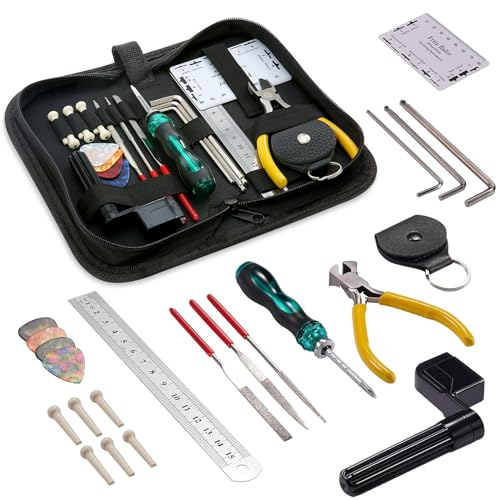 23 Teiliges Gitarren Reparatur Pflegeset,Gitarren Reparatur Werkzeug Set,Professionen Gitarren Reparatur Tool Kit, Gitarren Zubehör Inkl Saitenkurbel, Plektren für Gitarre,Ukulele,Bass,Banjo,Mandoline