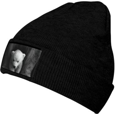 OdDdot Beanie-Mütze mit Eisbär-Aufdruck für Damen und Herren, Wintermütze, Strickmütze, Herrenmütze, randlose Mütze, Skater-Mütze, Schwarz , One size