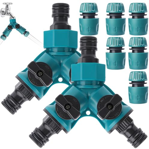 Lot de 2 distributeurs 2 voies : tuyau d'arrosage distributeur d'eau, distributeur en Y avec vanne d'arrêt et 6 raccords de conduite d'eau, répartiteur de robinet pour horticulture, floriculture,