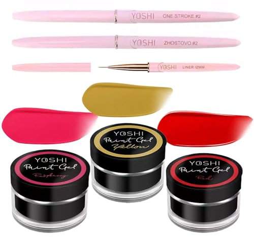 Generic Yoshi Kit de Nail Art Kit de Nail Art Framboise Rouge & Jaune avec Liner et Pinceau One Stroke - Parfait pour le Nail Art Créatif
