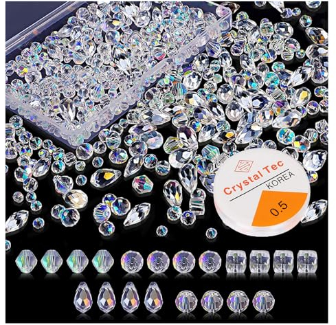 HIOQFR 600 Piezas Cuentas de Cristal Transparente Abalorios para Hacer Pulseras Cristales de Coser Imitacion con Cuerda Elástica y Caja 4mm,6mm,8mm Cuentas de Vidrio Facetado para Manualidades,Joyas