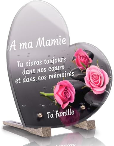 Générique Plaque Funéraire Coeur Personnalisée - Roses Galets - Textes personnalisables, plusieurs lignes - Résistante aux Intempéries et Traitée Anti UV (25x25 cm (standard)), CO-GALE01