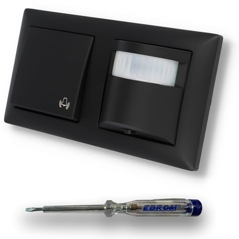 EBROM SET IDEE: BBblack Präsenz Bewegungsmelder, Erfassung 195° - 2 Sensoren, präzise Objekterfassung, AUS-EIN-AUTO + Klingeltaster mit Wippe SCHWARZ MATT ähnlich RAL 9005 - inkl. EBROM Phasenprüfer