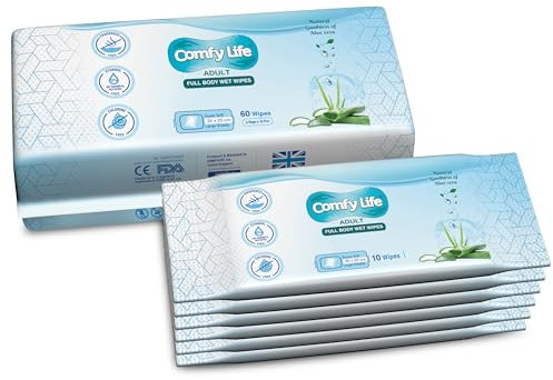 Comfy Life Premium Full Body Cleansing Wet Wipes For Adults - Large Luxury Fresh-feel Rinse-free Fragrance-free Bed Bath Incontinence Hygiene Intimate-care Soft Sheets (6 x Travel Pack (60 Wipes))