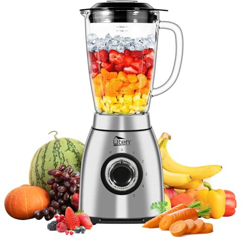 Uten Standmixer 2L, 1800 W Mixer Hochleistungsmixer, Pulse und 5 Geschwindigkeiten, Edelstahlgehäuse, 6 Klingen, macht Milchshake-Smoothies, Mahlbare Kaffeebohnen
