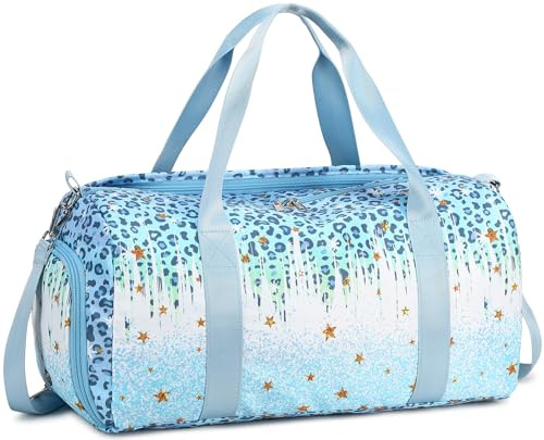 LEDAOU Sporttasche Kinder, Schwimmtasche, Reisetasche, Schuhfach, Nassfach (S-Blauer Leopardendruck)