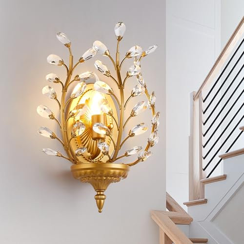 Ganeed Crystal Wall Lights Antique Retro Vintage French Style Rustic Indoor Wall Lamps for Hallway Porch Landing Bedroom 1 Light E14 Gold (1 Pack)