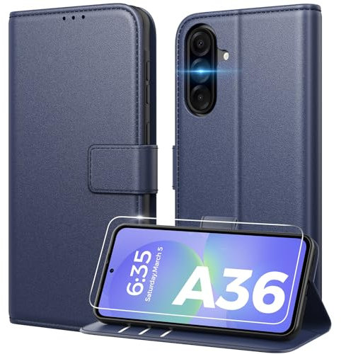 Peakally Coque pour Samsung Galaxy A36 5G [ Verre Trempé Protection *1 ] [ Blocage du Signal RFID ] [ Premium PU ] [ Pochette de Portefeuille ] Etui à Rabat pour Samsung A36 5G,Bleu
