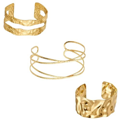 CPRNQY 3 Stück Oberarmreif Gold, Modeschmuck, Minimalistischer Schichtarmband, Eleganter Manschettenarmreif Runder Armreif, Set Verstellbar (Golden)