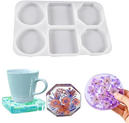 FineInno 6 Stück Untersetzer Gießform Rund Quadrat Hexagon Epoxidharz Formen Teller Silikonform Gießformen für DIY Tablett Art Resin Gießharz Beton Gips